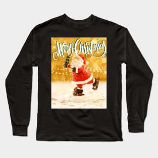 Merry Xmas Funny Skating Santa Photograpic Festive Print Long Sleeve T-Shirt